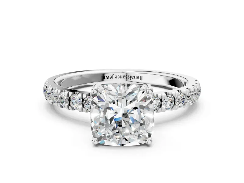 Cushion Cut Diamond Pave Band Solitaire Ring with Round and Prong Setting Platinum
